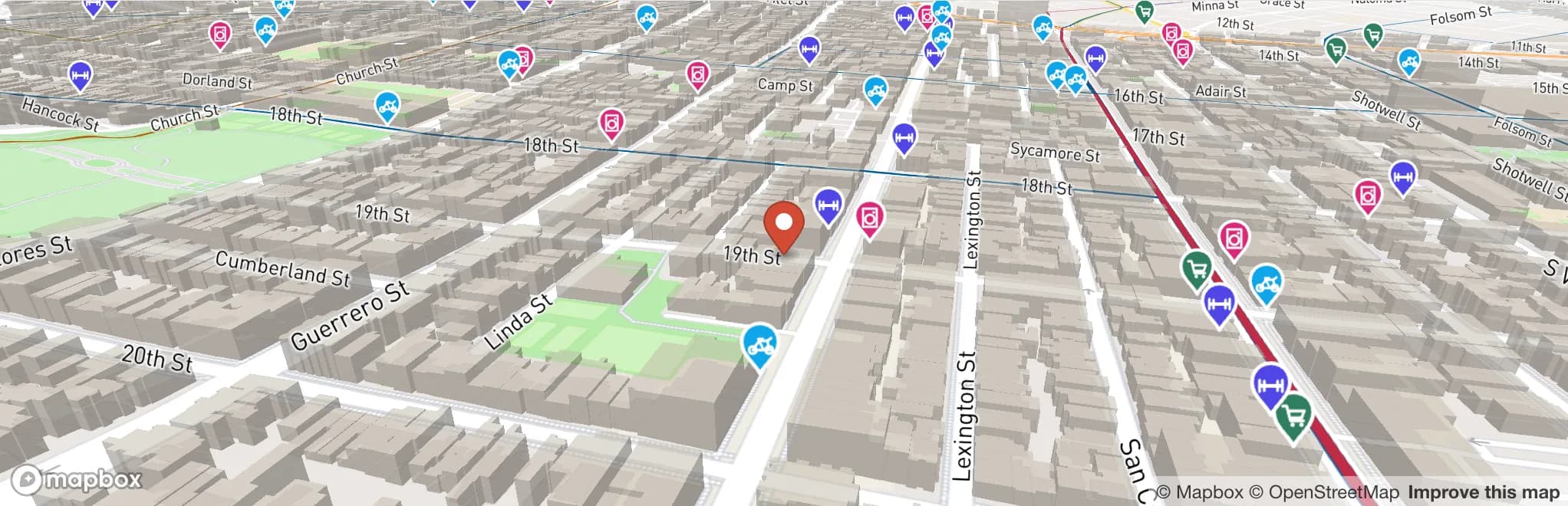 3D map of the sample listing with nearby groceries, gyms, laundry, bike share, and transit lines marked.